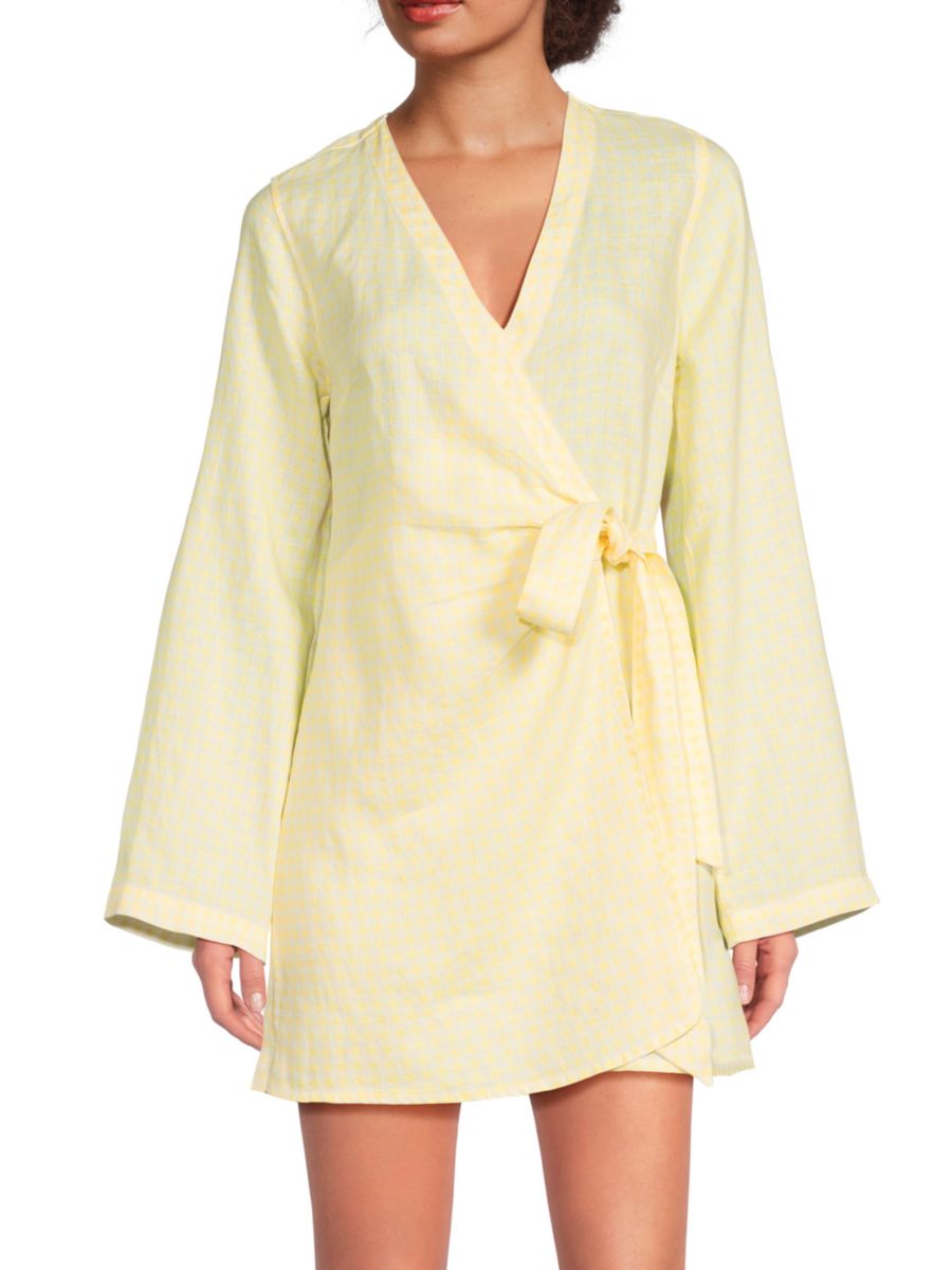 

Мини-платье-халат из 100% льна в клетку в клетку Saks Fifth Avenue, цвет Gingham Yellow
