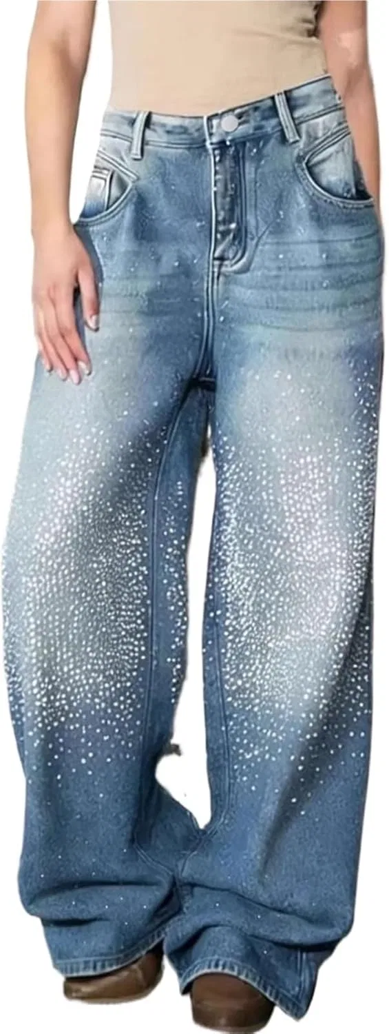 Джинсы Rhinestone, Baggy, High Waisted, Wide Leg, Blue