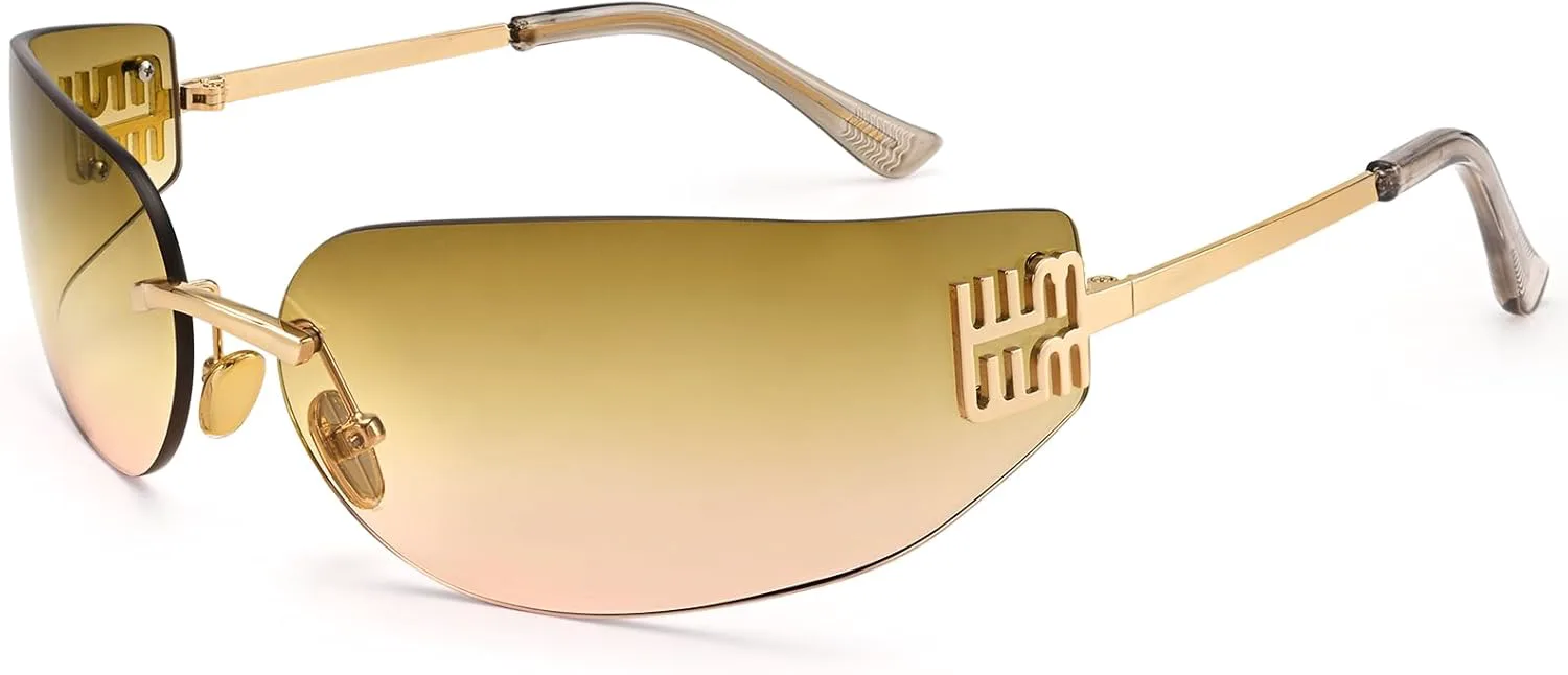 

Женские солнцезащитные очки без оправы в стиле Y2K с обтекаемой формой, модные, прямоугольной оправы, с защитой от УФ-излучения UV400 Dollger, C2:gradient Brown