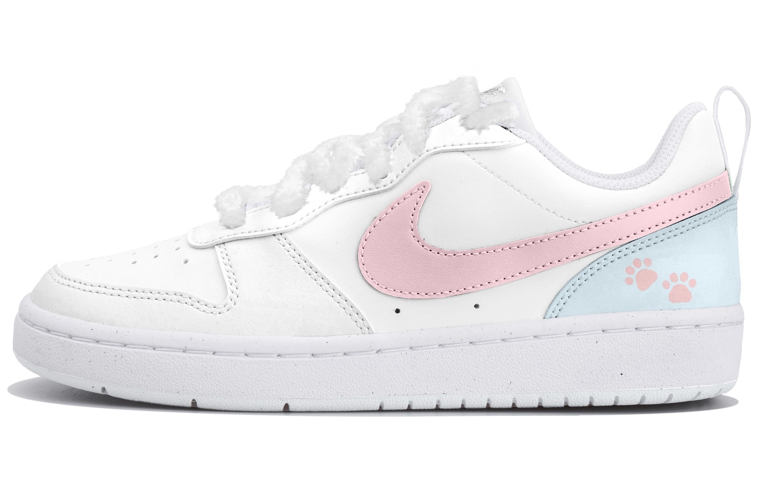 

Nike Кроссовки для скейтбординга Court Borough Pink With Blue Paw Print низкие детские белые розовые синие подростковые