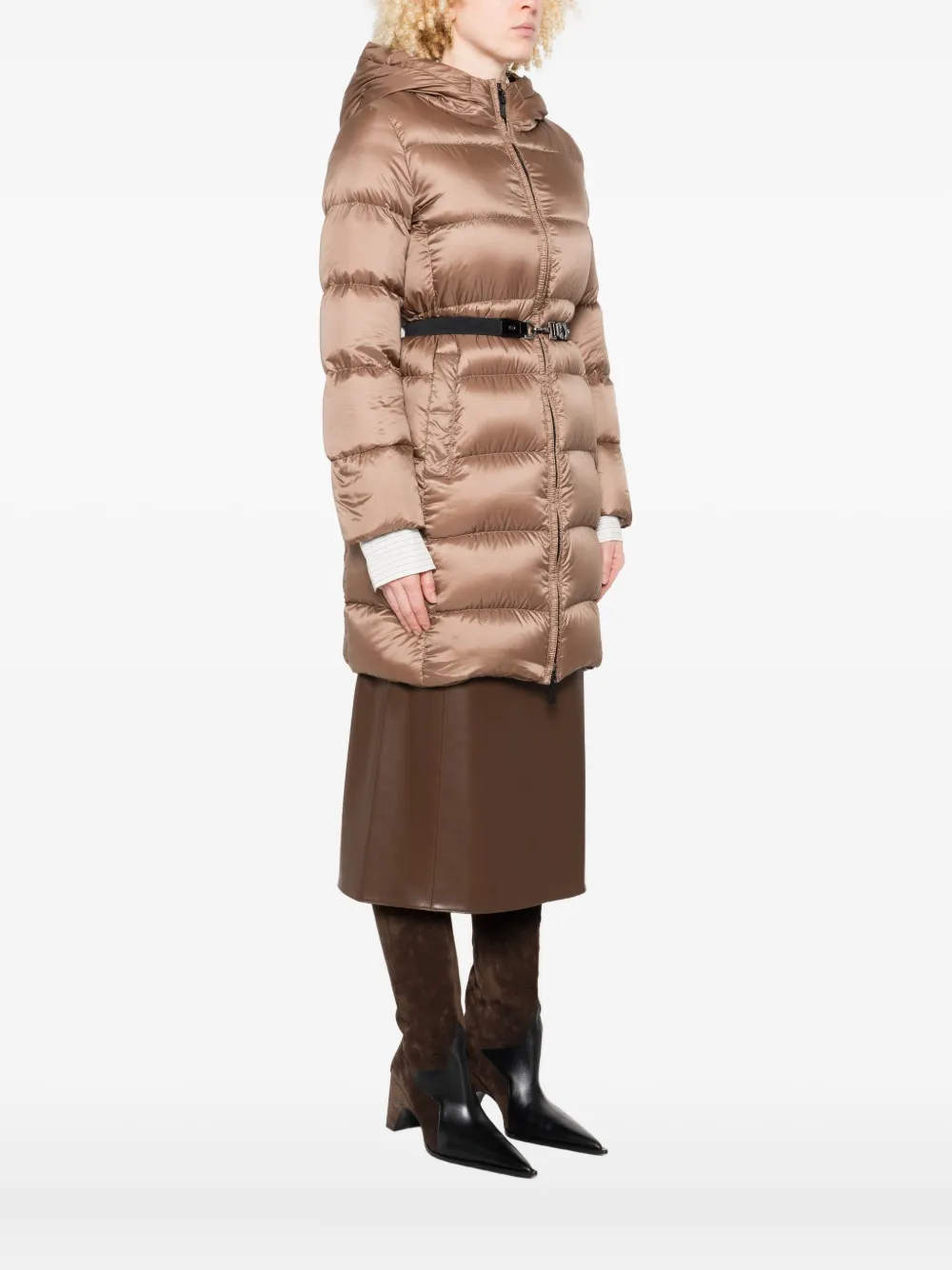 Пуховик с капюшоном и поясом Max Mara, коричневый — фото 3