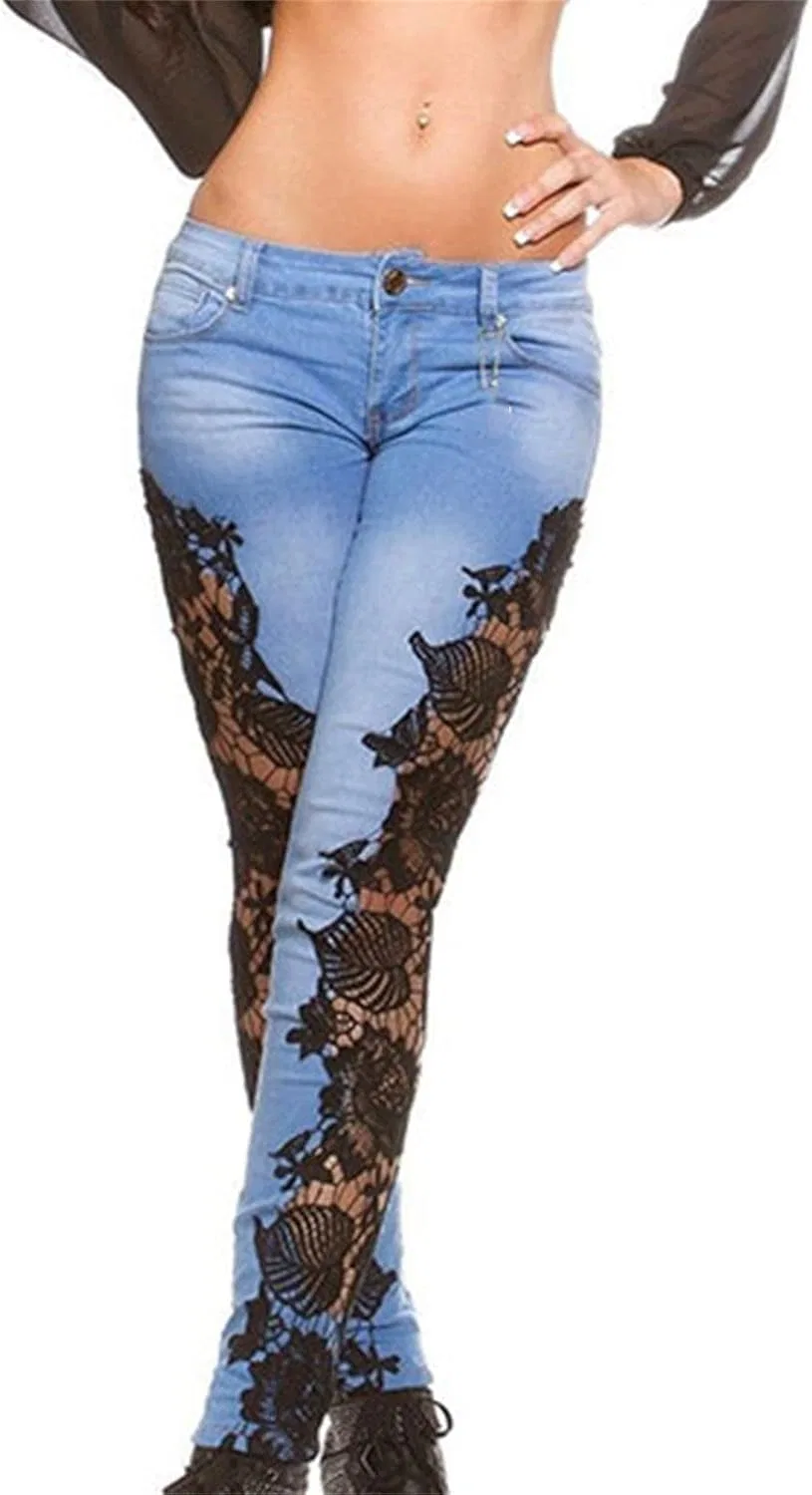 Женские кружевные джинсы-карандаш с высокой талией, сексуальные джинсы с ажурными карманами, джинсы-скинни из эластичного денима с эффектом потертости