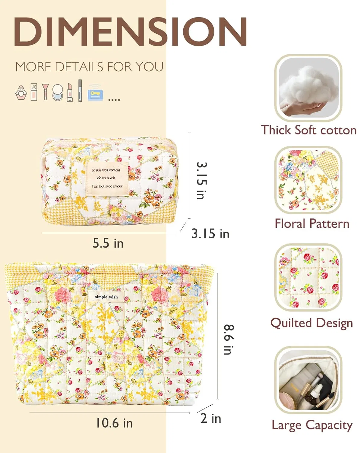 Набор стеганых косметичек Sminra Cute Large Floral Cotton, 2 шт. Sminra, Beige Flower 2 Pack — фото 2