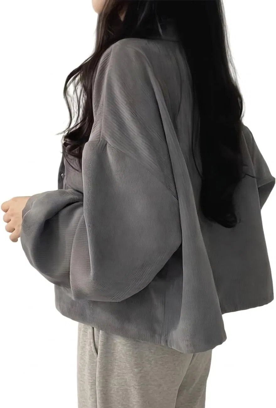 Блуза, длинный рукав, с воротником, Oversize, Dark Grey