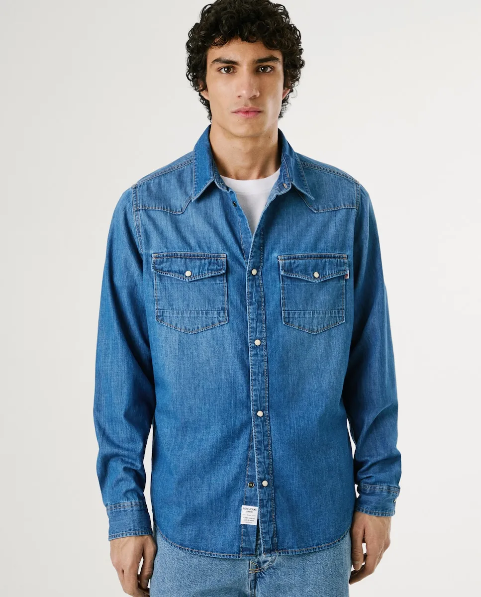 

Мужская джинсовая рубашка классического кроя с автоматическими пуговицами Pepe Jeans, синий