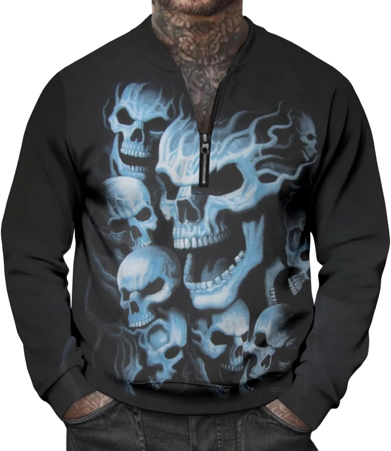 

Мужской свитшот с принтом Vintage Skull, Casual, четверть молнии, свободный крой
