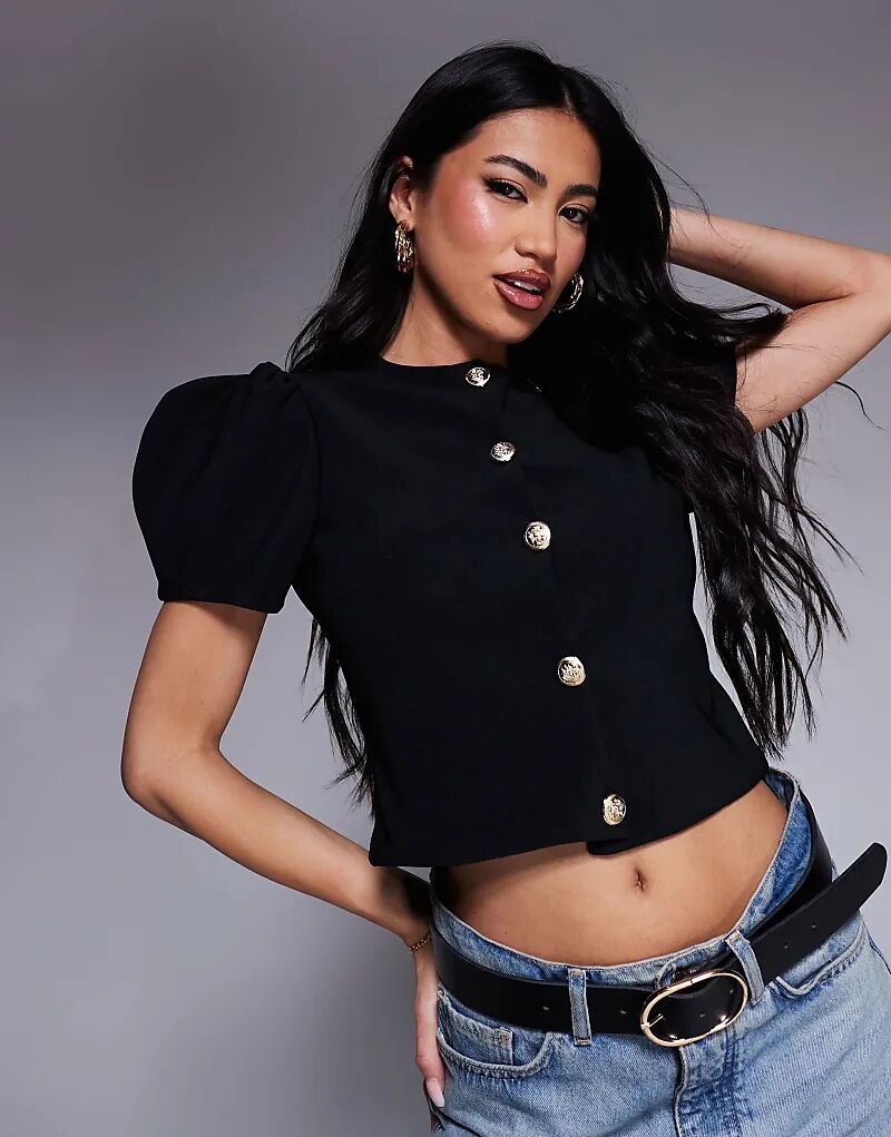 

Топ ASOS DESIGN с ребристыми рукавами-фонариками, застегивающийся на пуговицы, черного цвета