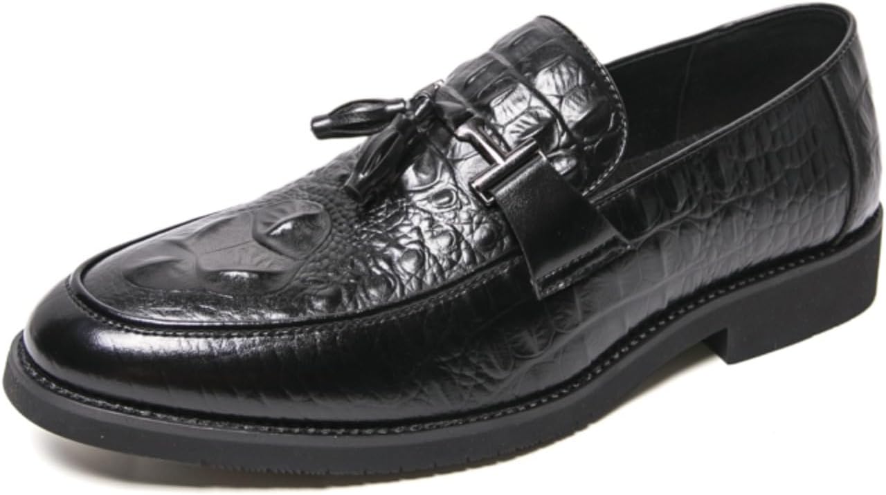 

Мужские лоферы из кожи с узором под крокодила, без шнурков, с плоским каблуком и декоративной кисточкой, элегантная формальная обувь для офиса, работы, свадеб и особых случаев Psieicwm, черный