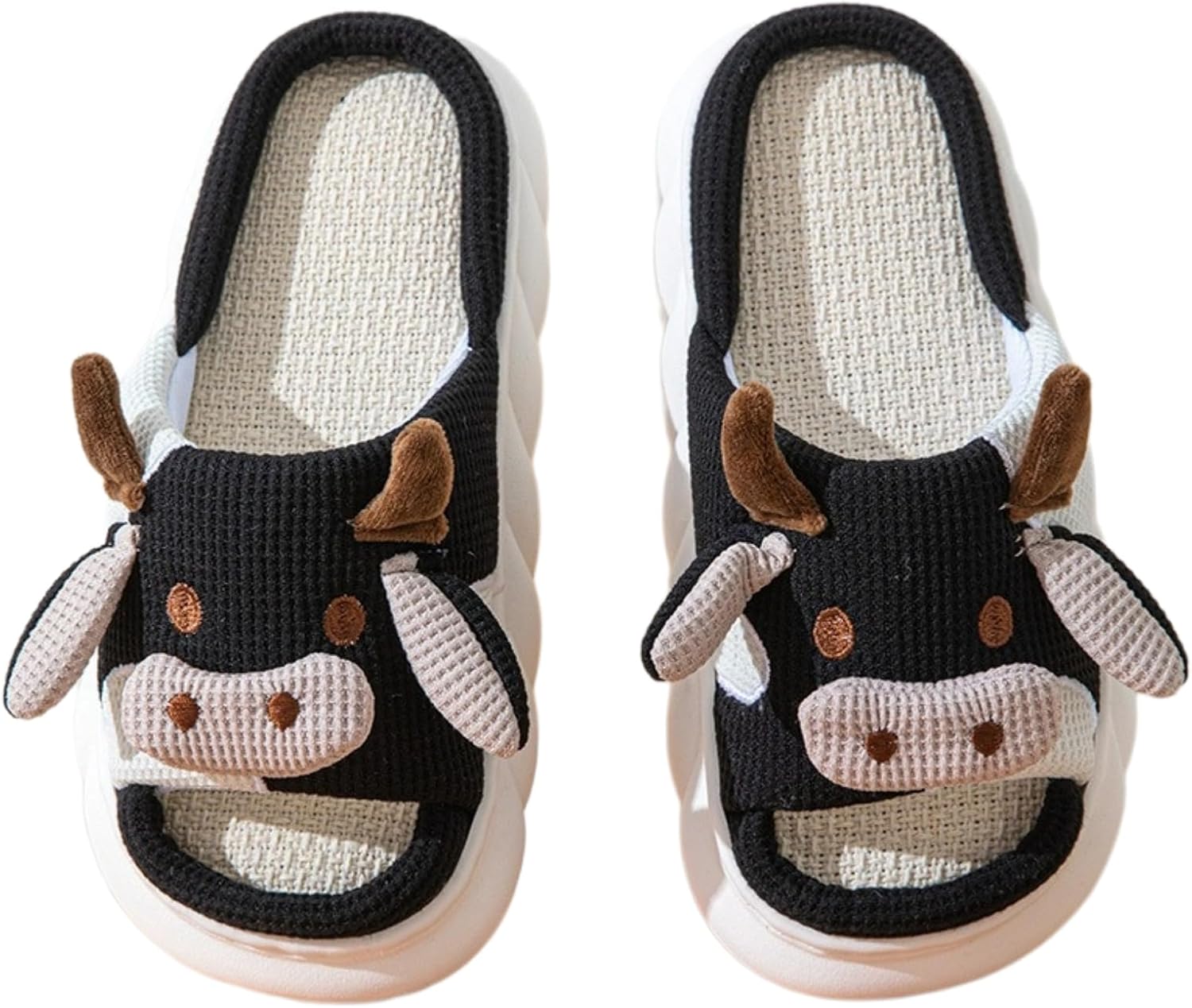 

Мужские тапочки в виде животных с дизайном коровы, льняные, впитывающие влагу, с нескользящей толстой подошвой, уютные домашние тапочки для всех сезонов Tinallo, черный