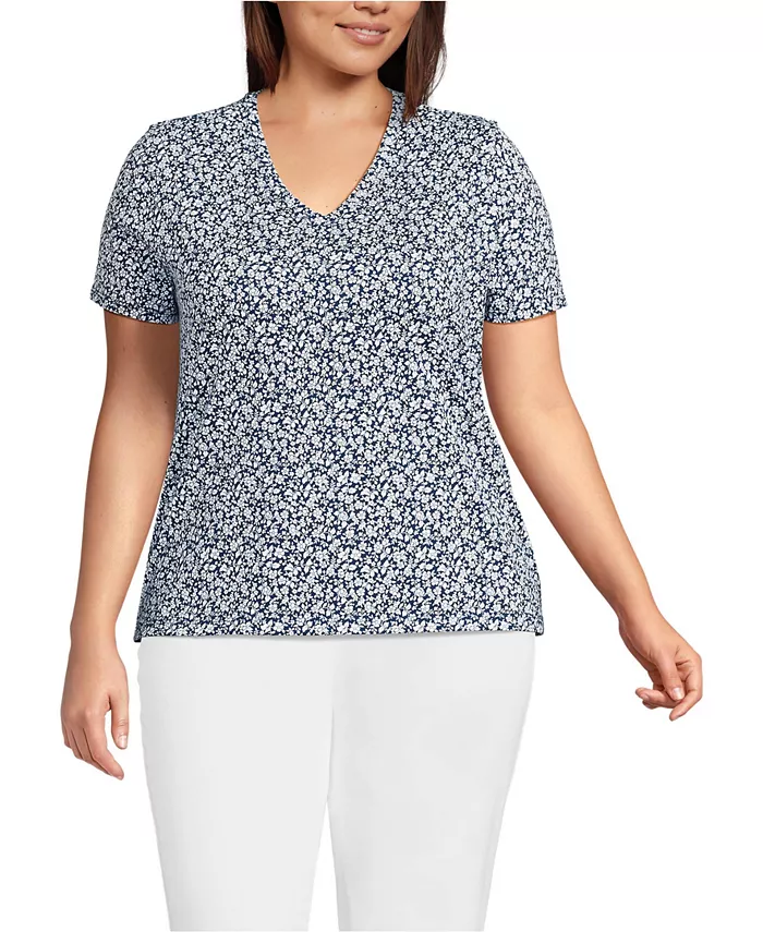 

Плюс сайз свободная футболка с V-образным вырезом из хлопка Supima Lands' End, синий