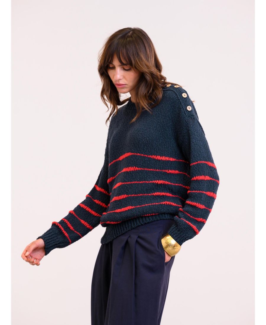 

Женский бретонский свитер с ажурной вязкой Celtic & Co, Navy / red