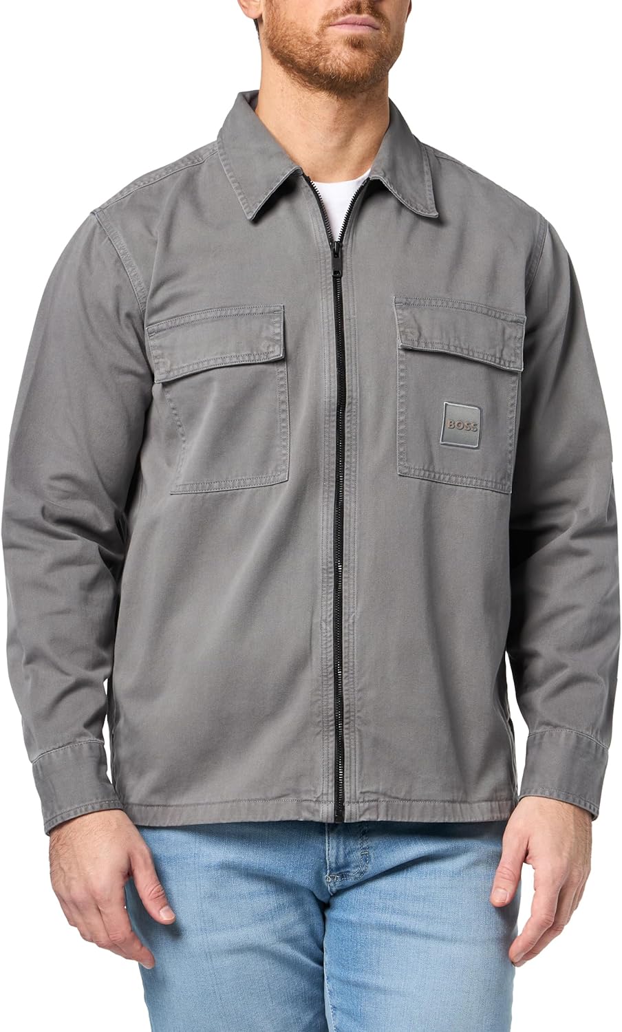 

BOSS мужская твиловая рубашка-оверсайт с карманами-кенгуру на молнии, Frozen Clay