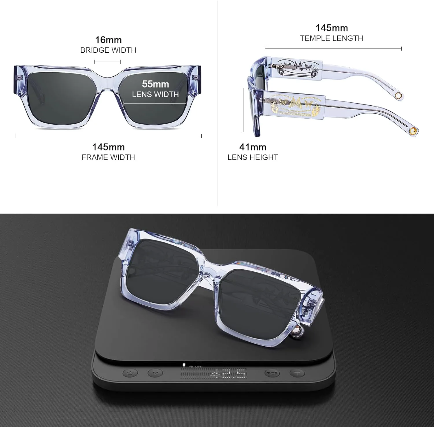 

Женские солнцезащитные очки CARFIA Acetate Trendy Square с защитой UV400, гипоаллергенные дужки ручной работы CF1006, Light Purple Frame Gradient Grey Lens