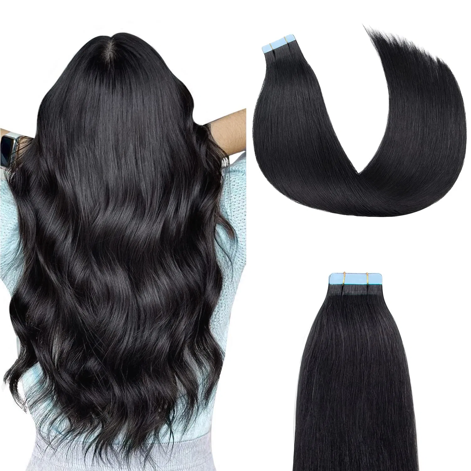 Накладные пряди для волос на ленте Remy 40 см, 20 шт., 40 г Agmity, #1 Deep Black