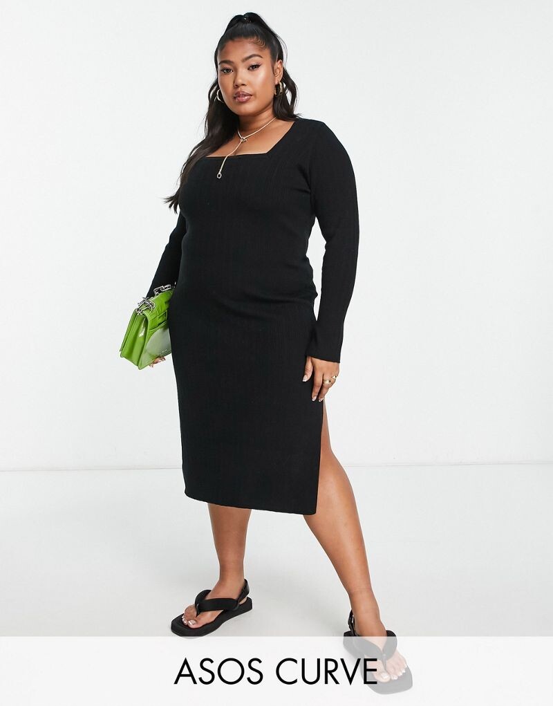 

Черное платье миди с квадратным вырезом от ASOS DESIGN Curve ASOS