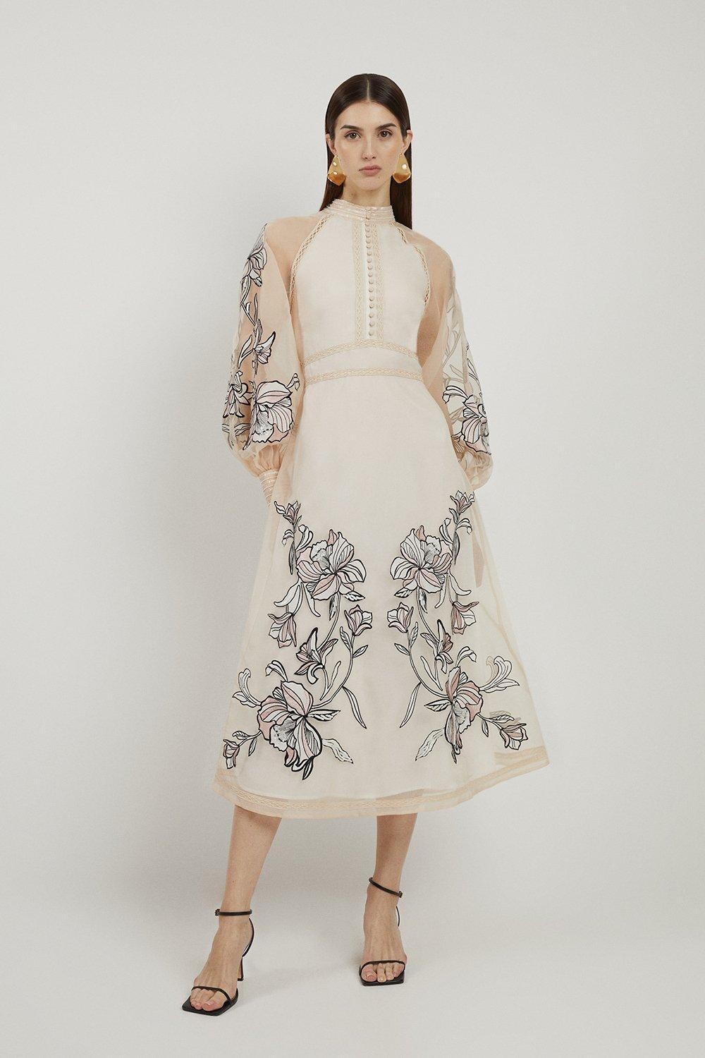 

Платье миди из органди с цветочной вышивкой Karen Millen, белый