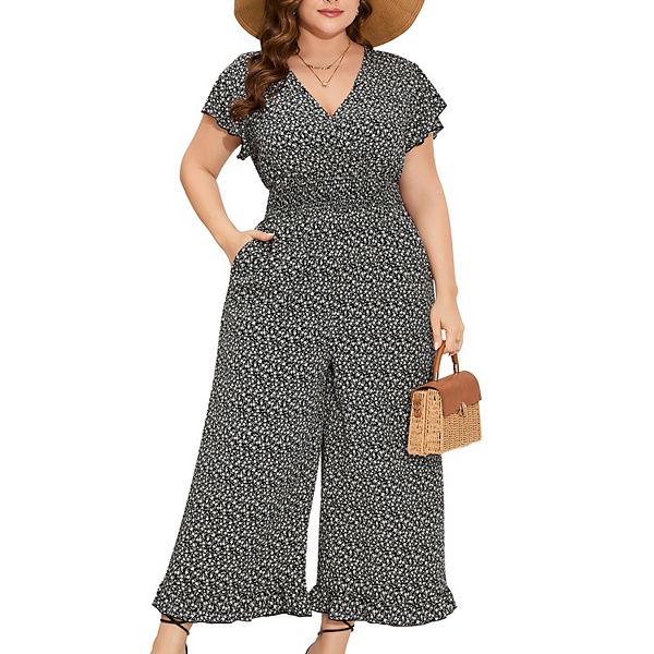 

Женский джемпер plus size с широкими штанинами, летний повседневный, с запахом, v-образным вырезом, рукавами-крылышками, рюшами по подолу и сборкой Clearflower, Black Floral