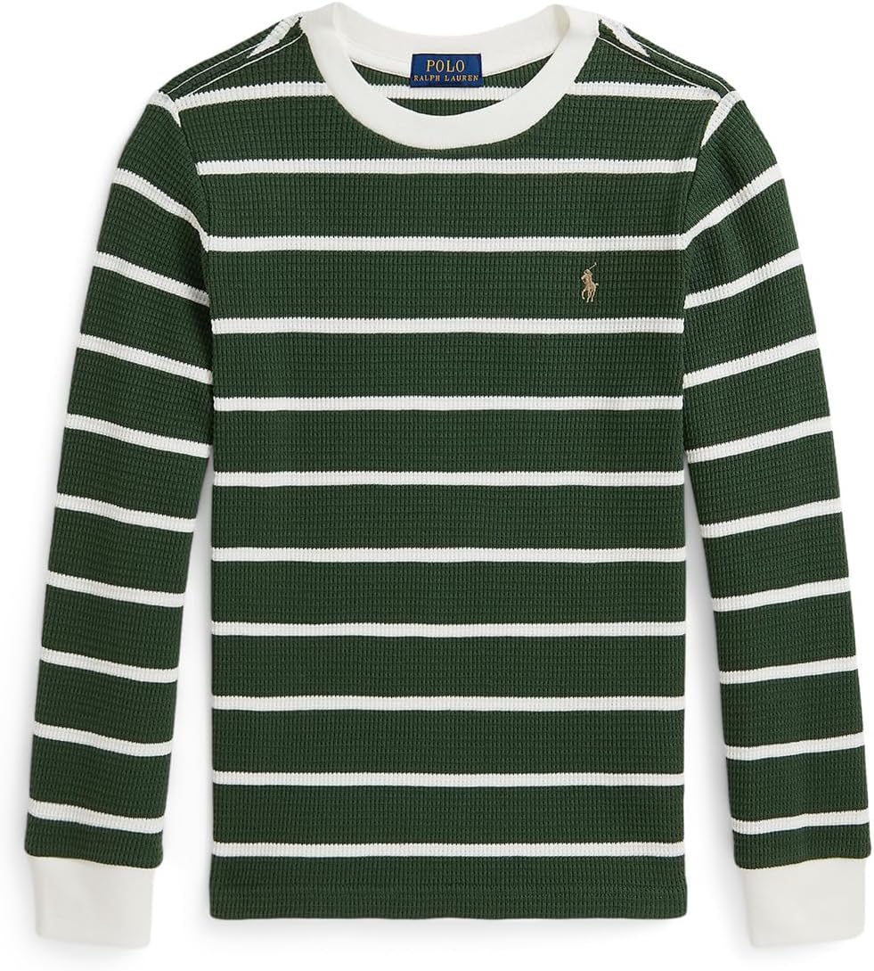 

Футболка из хлопка с длинным рукавом в полоску и вафельным узором Polo Ralph Lauren Kids, Bottle Green/Trophy Cream