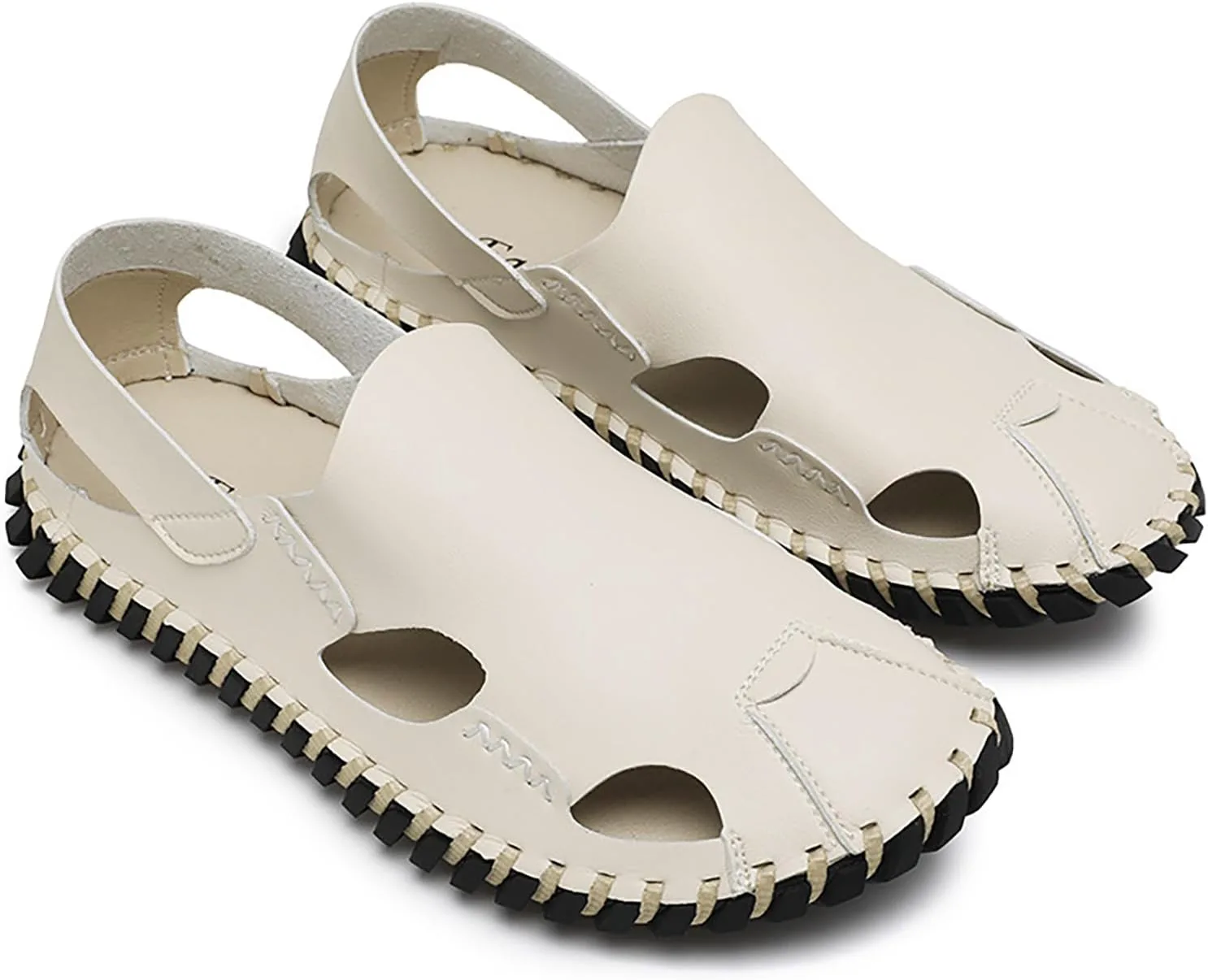 

Мужские сандалии-рыбацкие сандалии с вырезами из натуральной кожи, ручная прошивка, модные, удобные, с закрытым носком, на плоской подошве, для прогулок по пляжу, летнего отдыха на открытом воздухе LVOMU, белый