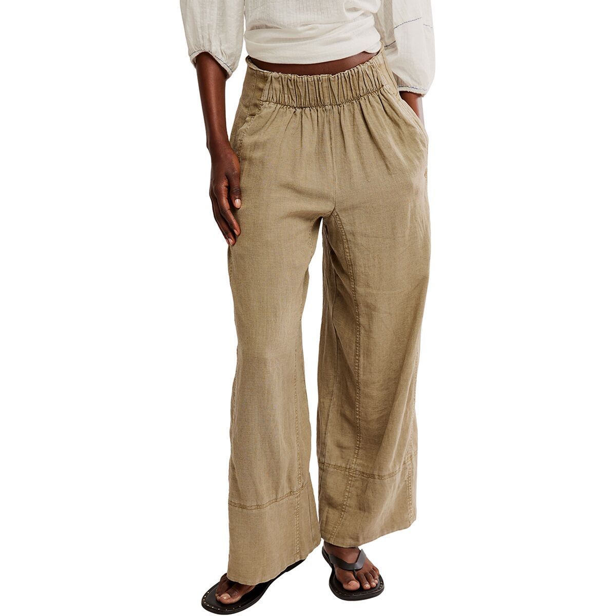 

Длинные брюки из льна на резинке Free People, цвет caiman