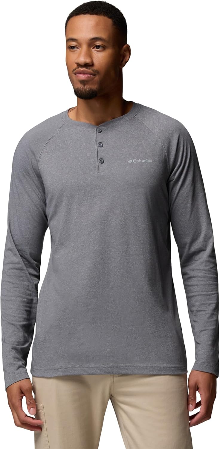

Columbia мужская футболка Thistletown Hills Raglan Henley, City Grey Heather, Серый, Columbia мужская футболка Thistletown Hills Raglan Henley, City Grey Heather