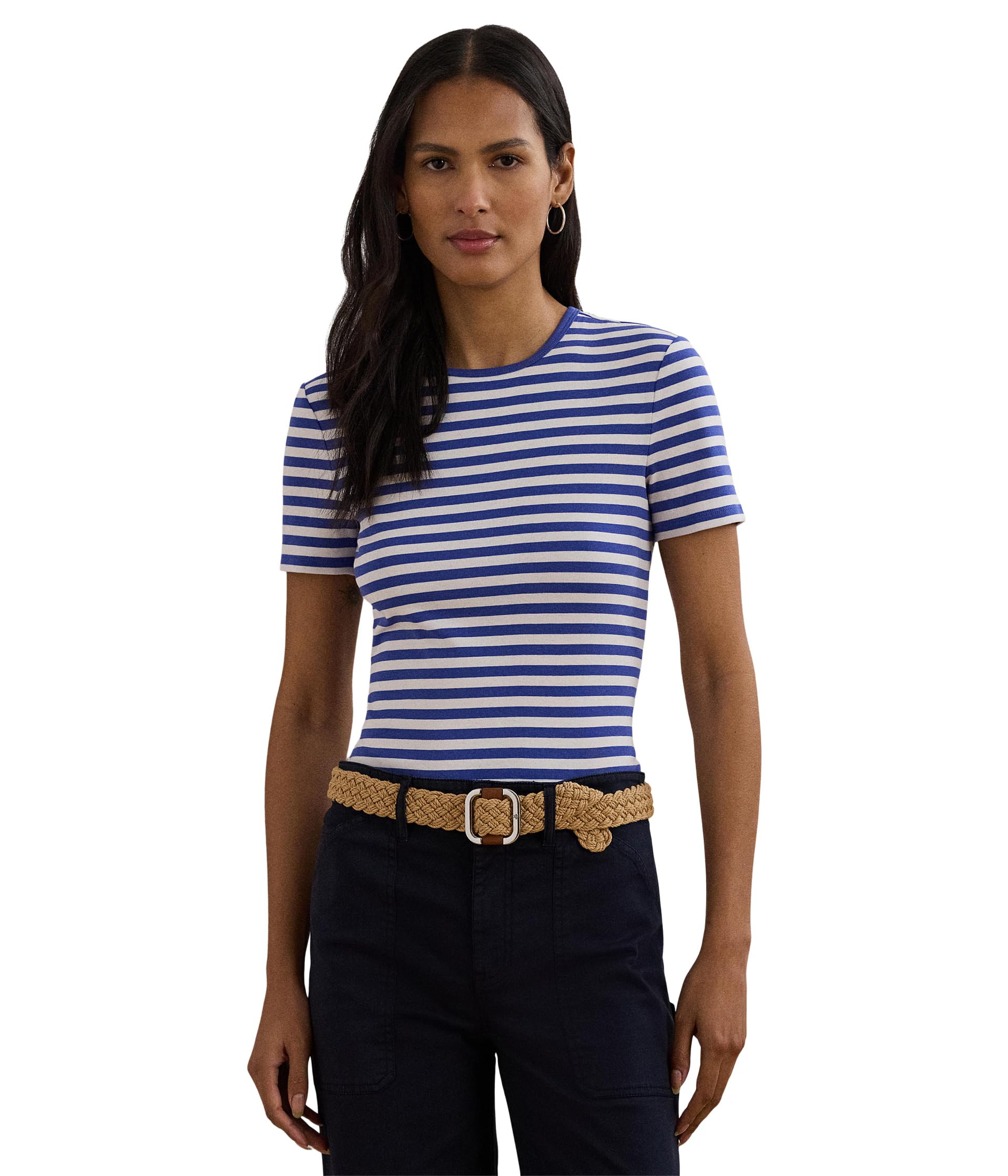 

Футболка Lauren Ralph Lauren Striped Stretch Cotton Crewneck Tee, Blue Lapis/WhiteSee Less