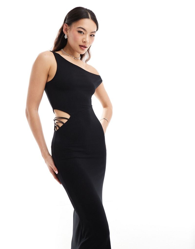 

ASOS DESIGN – черное платье миди с открытыми плечами и лесенкой сбоку