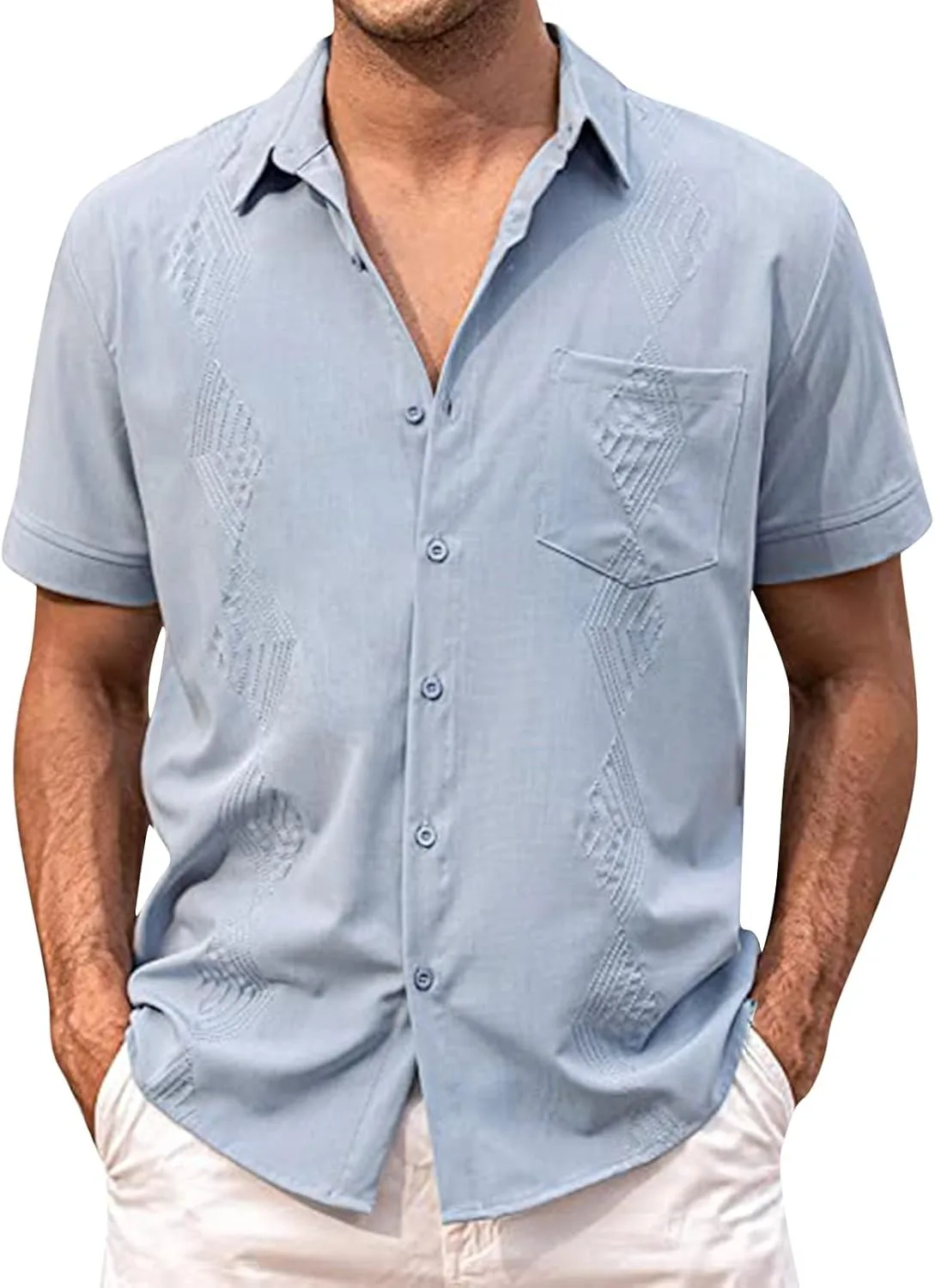 

Generic Mens Button Down Short Sleeve Shirt Lightweight Embroidery Summer Shirts Casual Stylish Resort Beach Wear with Pocket