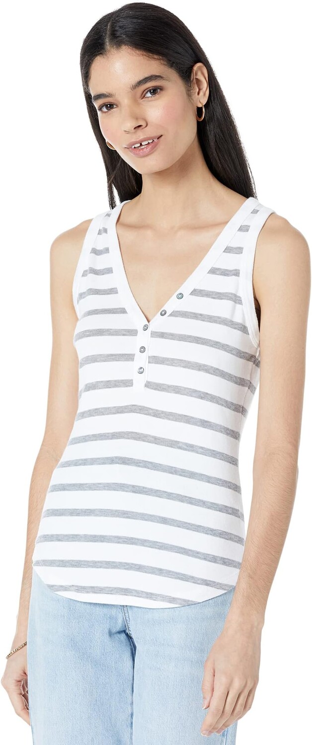 

Топ Michael Stars Luna 1X1 Cotton Y-Neck Stripe Henley Tank, цвет White/Heather Grey
