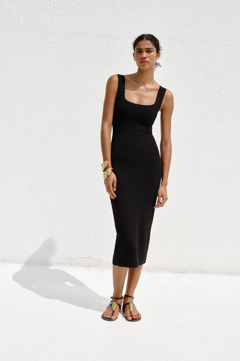 

Эластичное платье с квадратным вырезом ZARA, черный