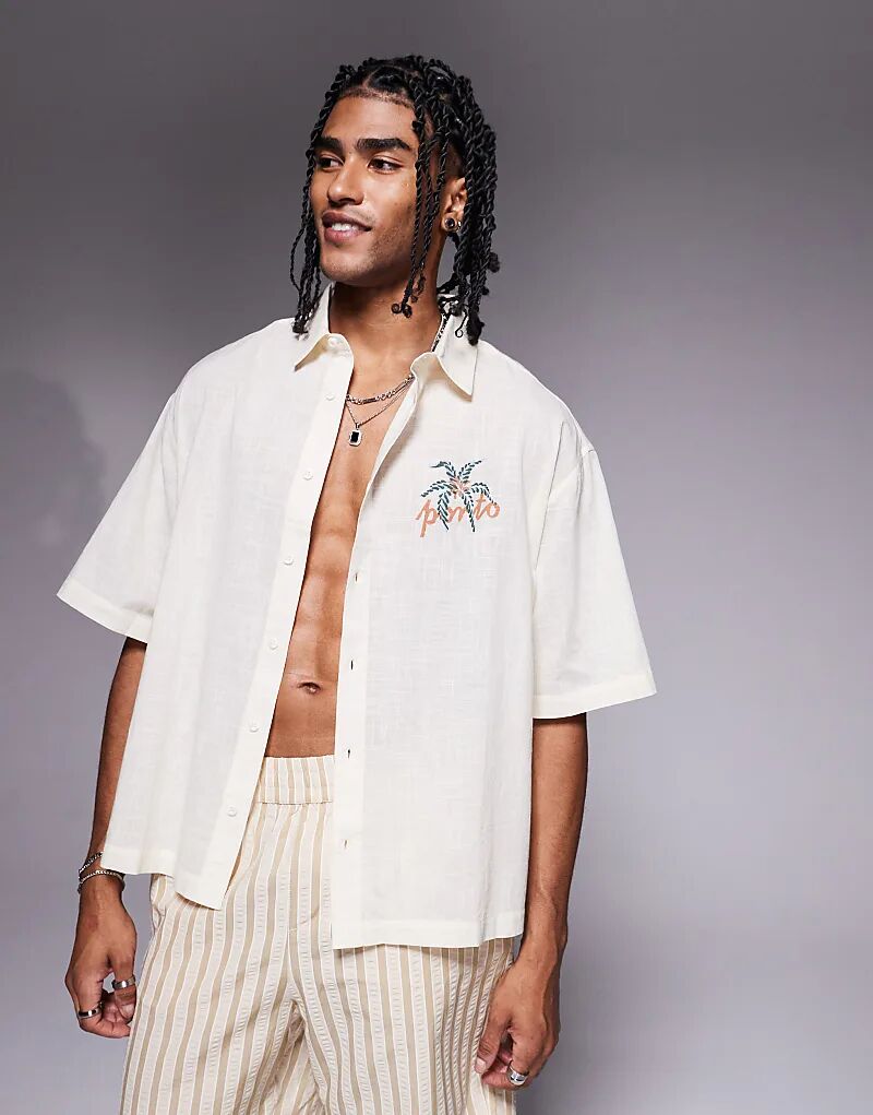 

Рубашка свободного кроя ASOS DESIGN с воротником-стойкой и принтом на груди в каменном цвете