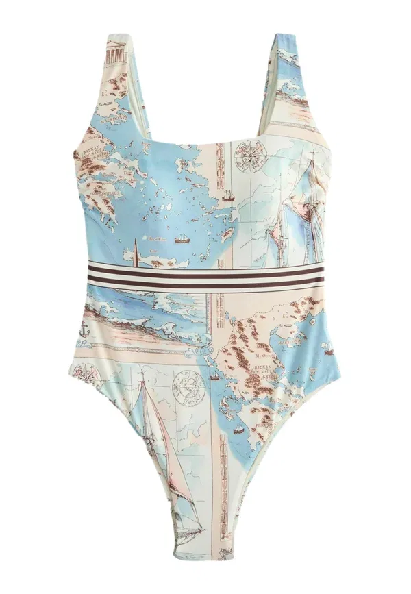Купальник Next Regular fit scoop square neck swimsuit, кремово-голубой с принтом карты — фото 3