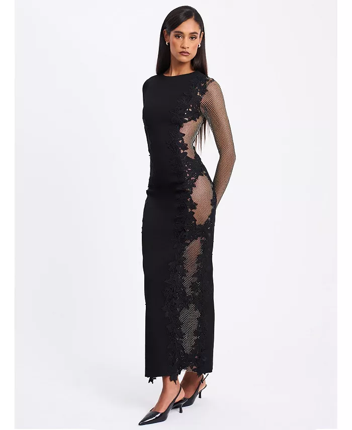 

Женское платье Bailey с кружевной отделкой и вырезом из кристальной сетки, длинными рукавами Miss Circle, черный