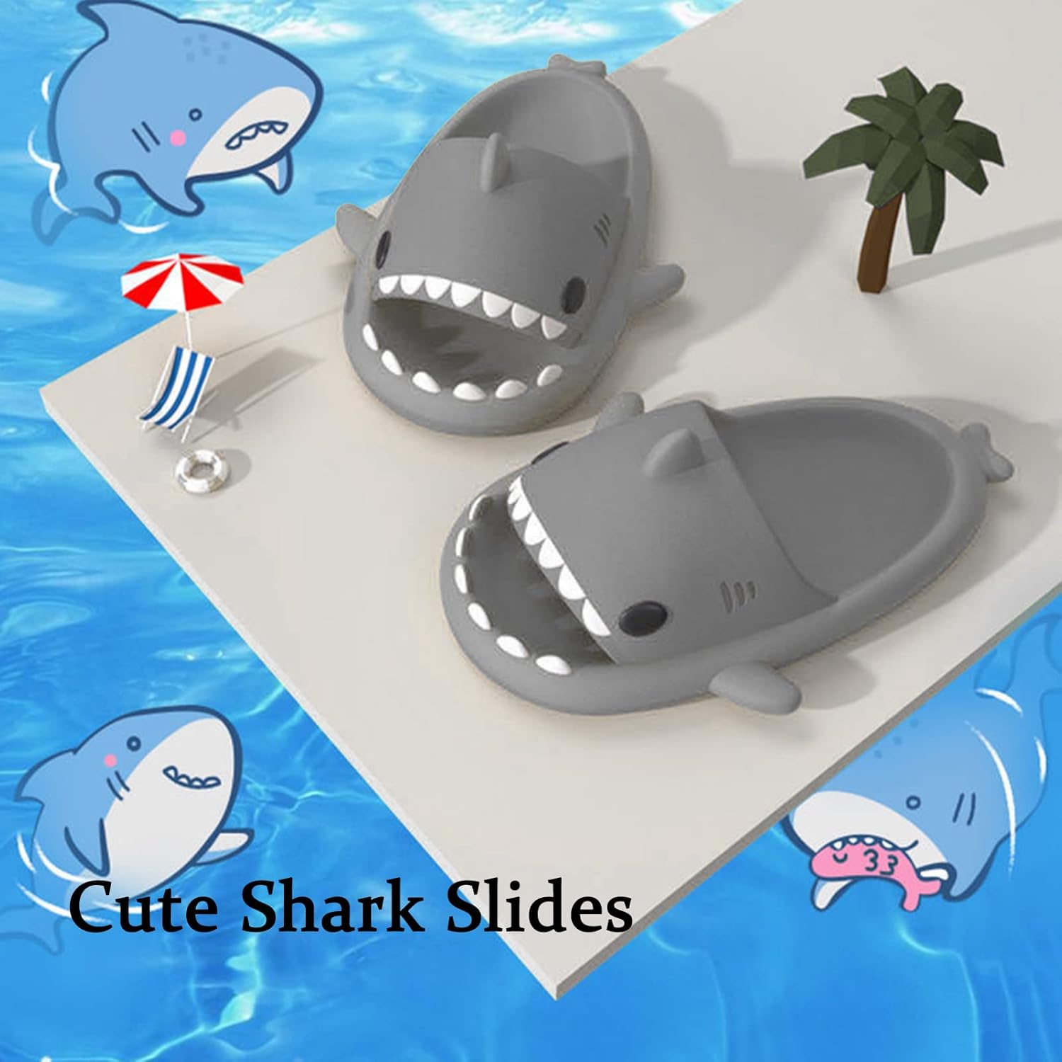 Шлепанцы Sharllen Shark для женщин и мужчин с милым забавным мультяшным дизайном, противоскользящие, с открытым носком, легкие летние шлепанцы с акулой, светло-серый — фото 2