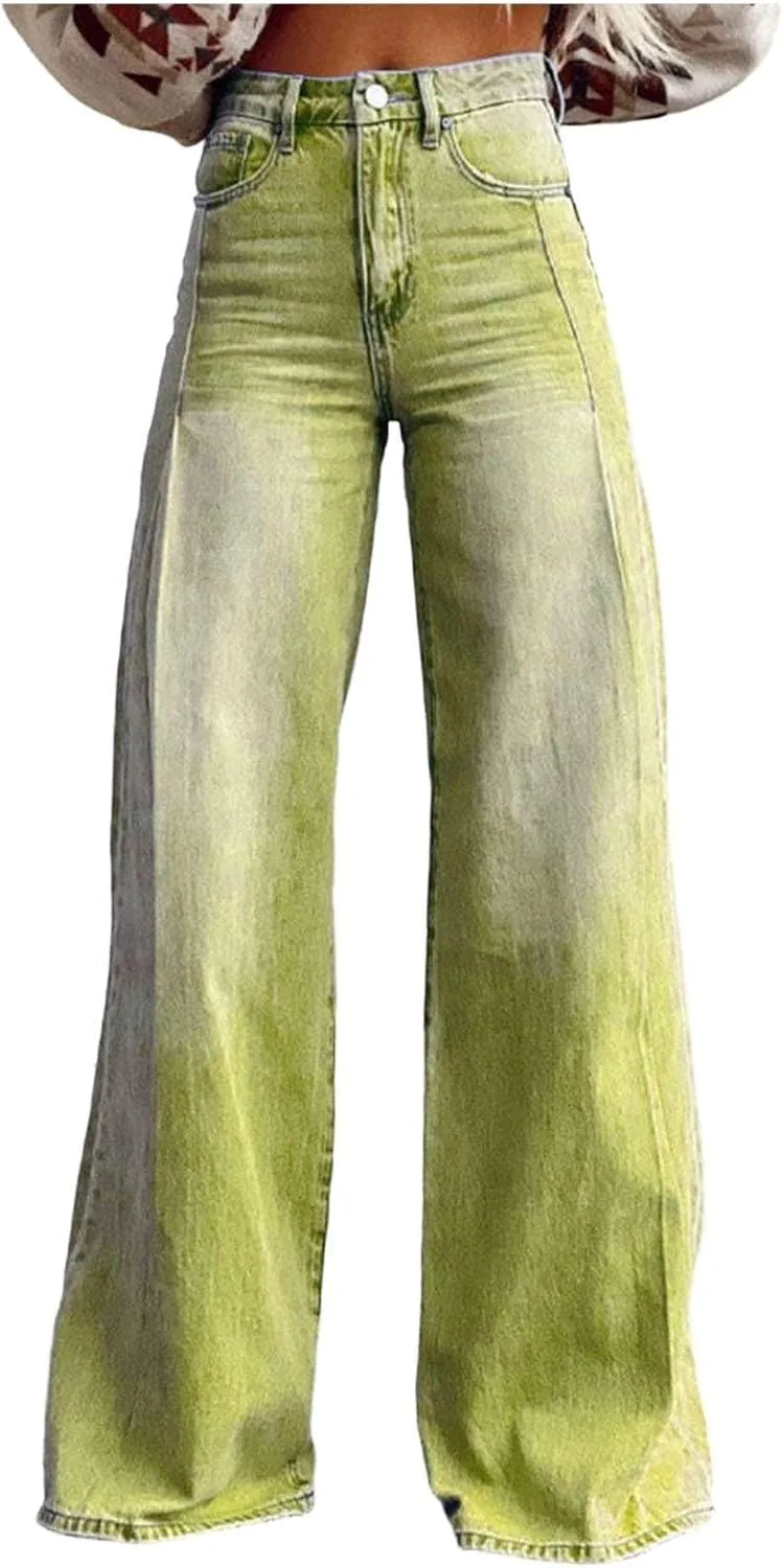 

Ретро High Palazzo брюки для женщин 1970s Pink Star Print Faux Denim OELNWED