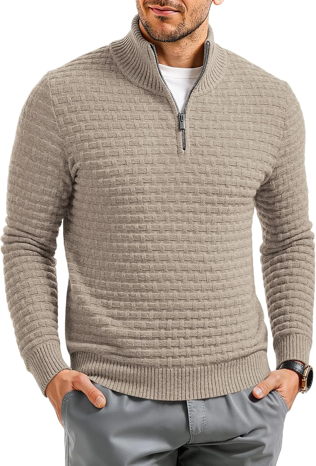 

Мужской свитер RQP с четвертью молнии, свободный крой, фактурная вязка и резинка по краю