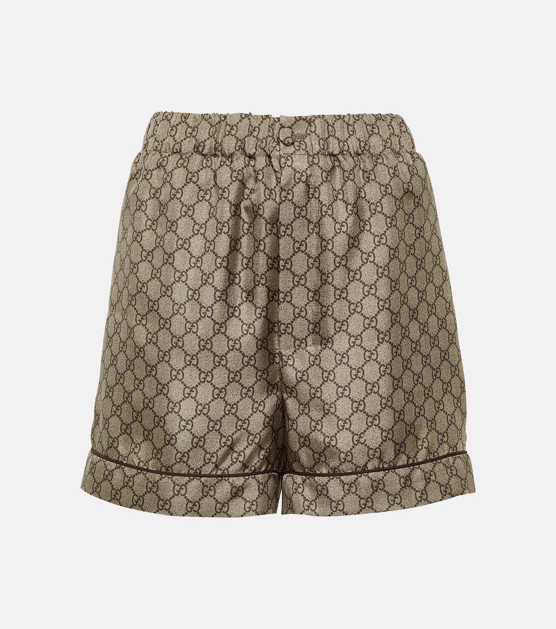 

GG принтованные шорты из шелкового твила Gucci, Camel/Ebony/Mc