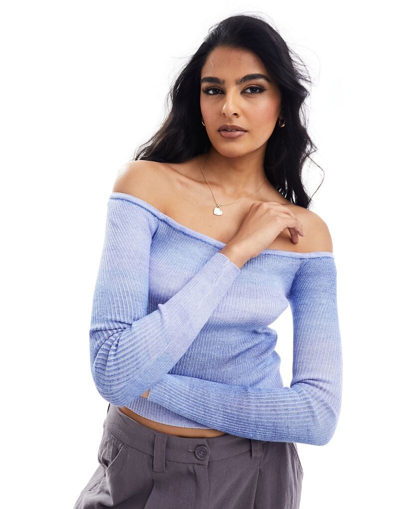 

Cotton On – вязаный топ в рубчик с открытыми плечами и синим эффектом омбре Cotton:On