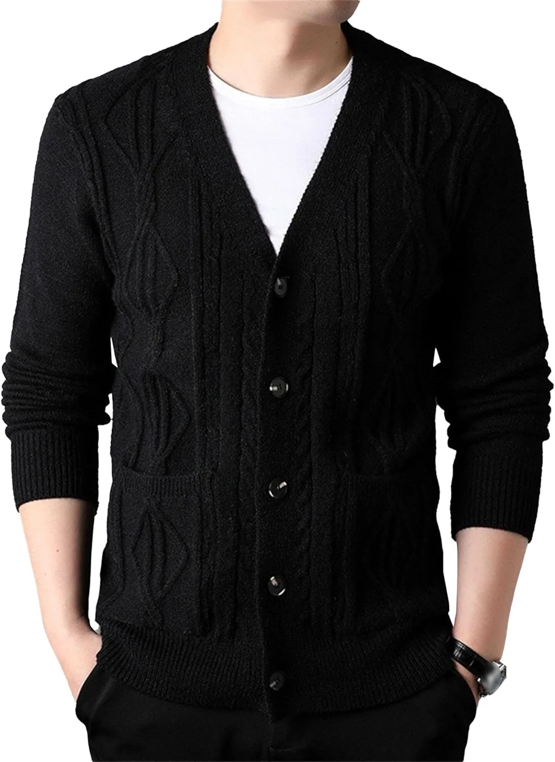 

Мужской кардиган с V-образным вырезом и косой вязкой