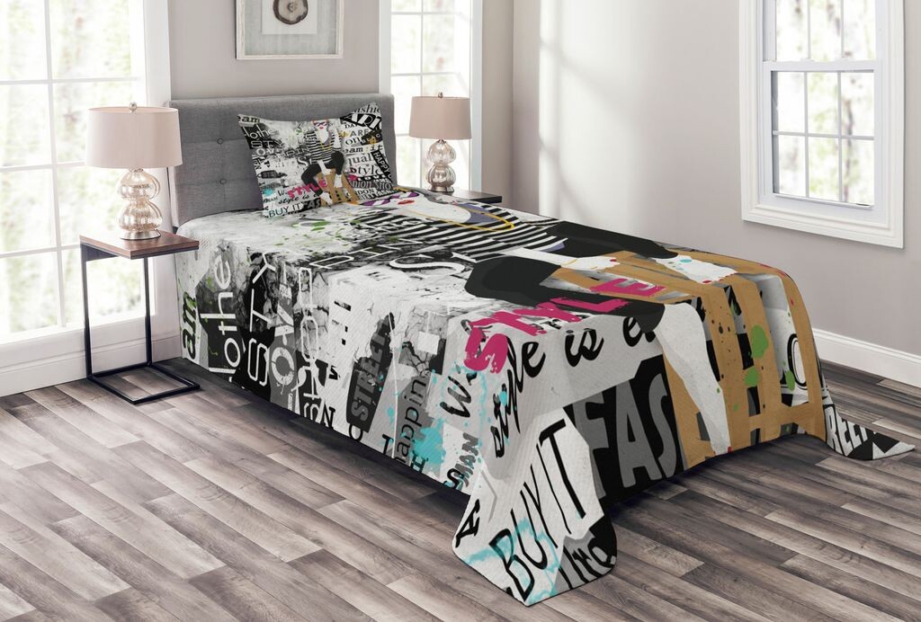 

ABAKUHAUS Модное покрывало Fashion Girl Grunge, комплект с моющимися наволочками, для односпальных кроватей 170 x 220 см, белый и черный