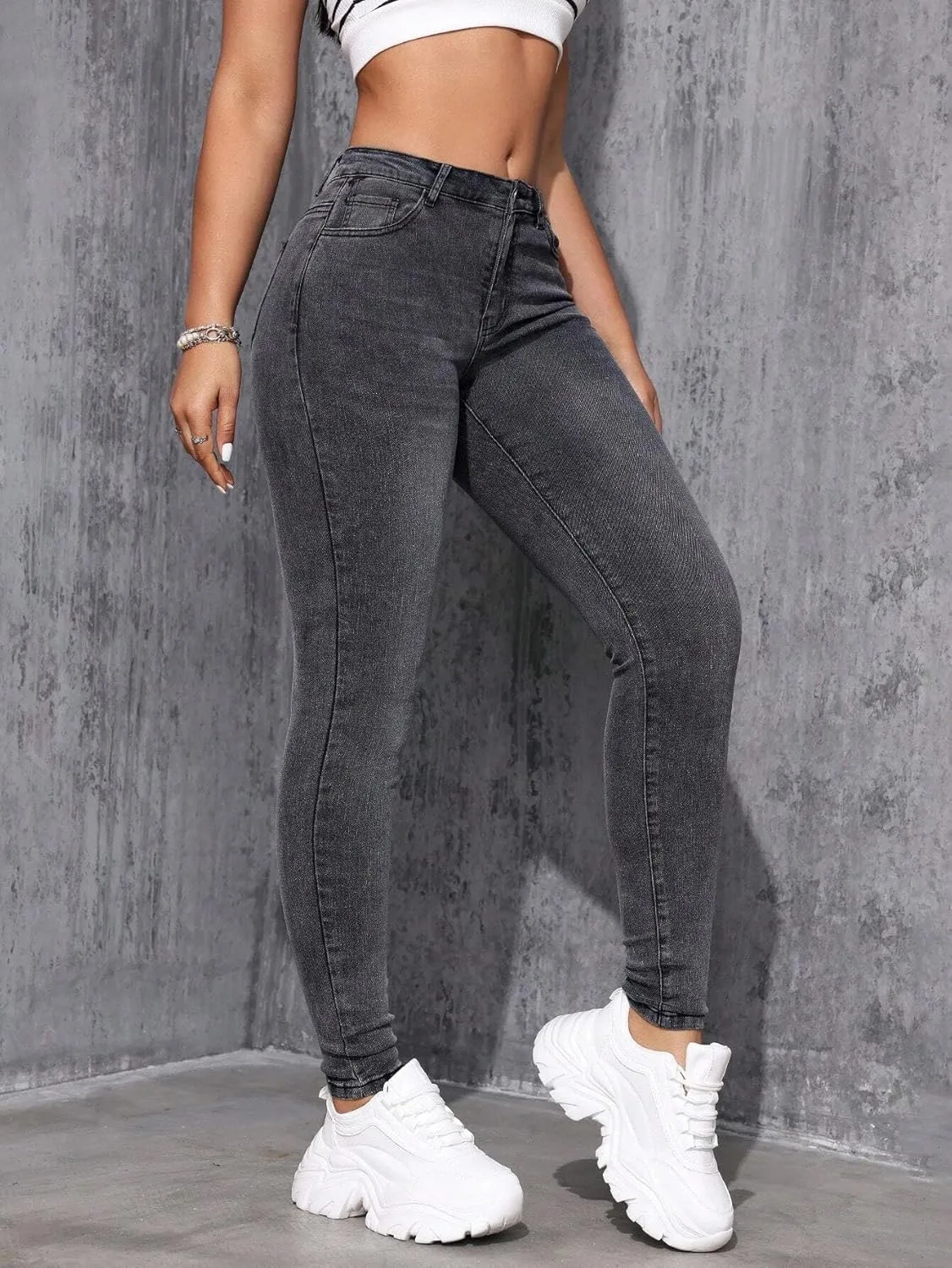Женские классические джинсы Slim Fit с наклонными карманами Generic, темно-серый — фото 3