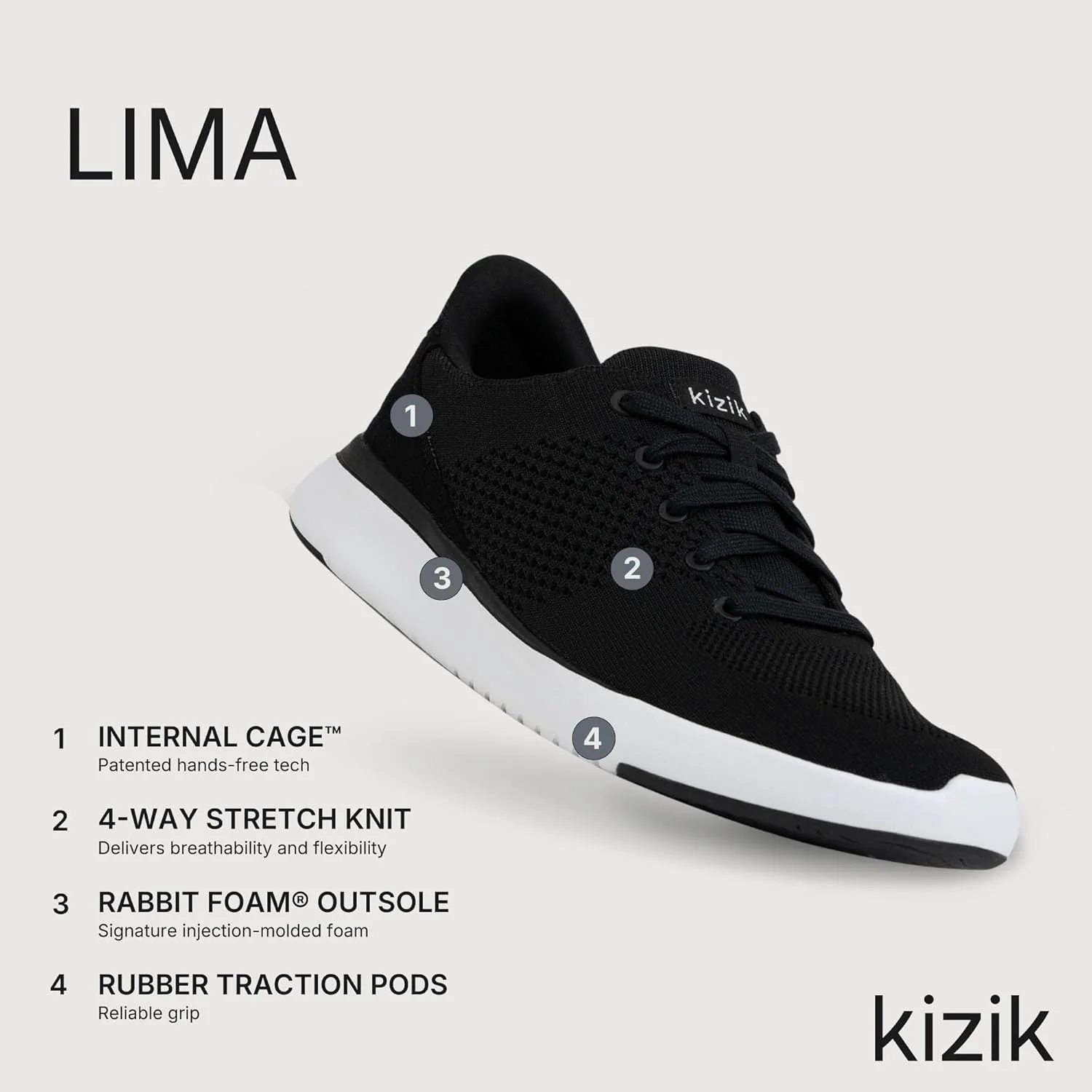 Кроссовки Kizik Slip On: Lima - удобные для повседневной носки, с Hands-Free, дышащий верх из трикотажа, мужские и женские прогулочные обувь с поддержкой свода стопы, черный — фото 4