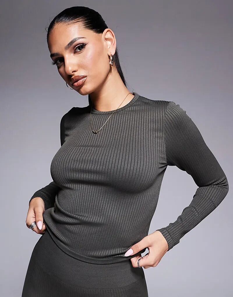 

Бесшовный топ с длинными рукавами в рубчик ASOS 4505 Icon цвета зеленого мха