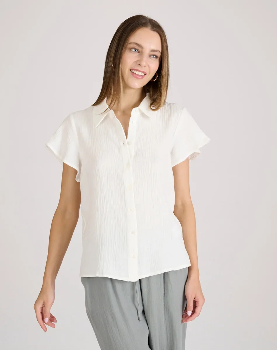 

Женская блузка с короткими рукавами-крылышками и воротником-стойкой Naf Naf, белый