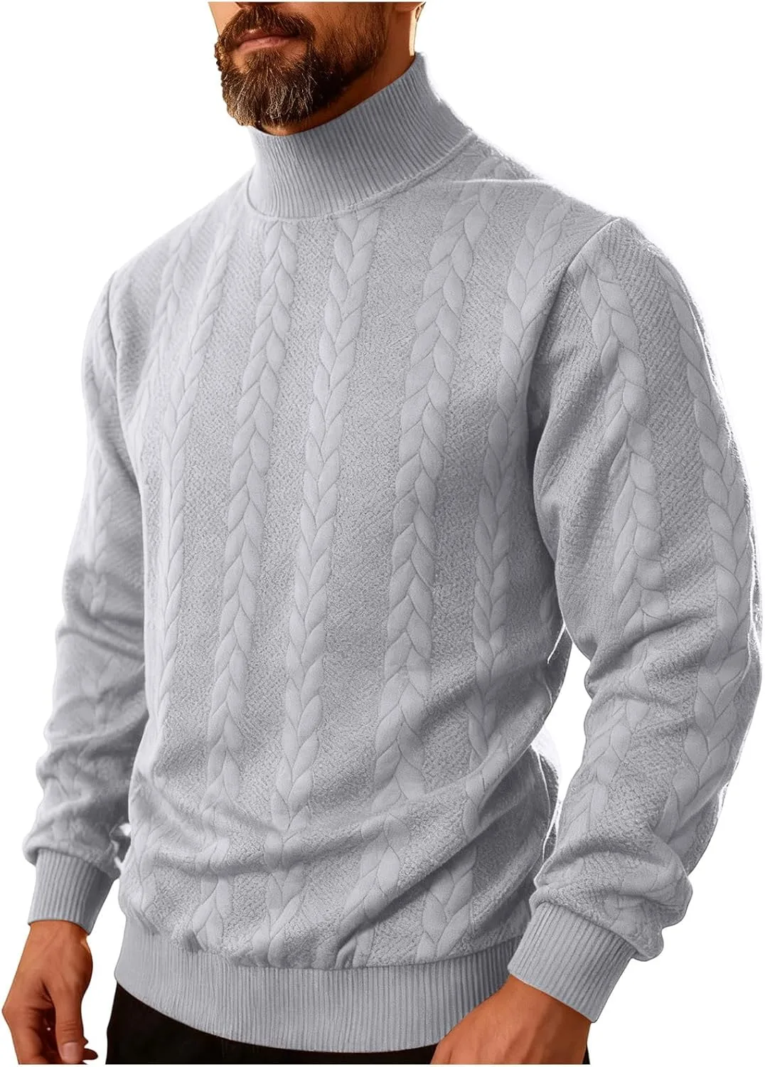 

Мужской свитер с воротником-стойкой, длинным рукавом и косой вязкой