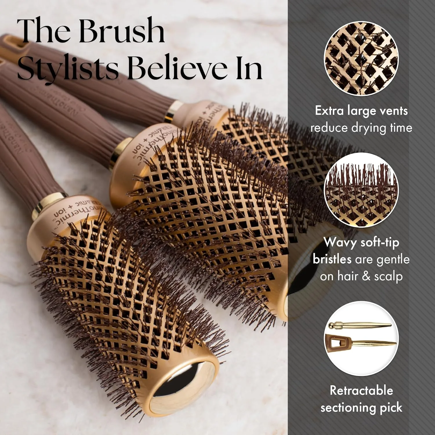 Термощетка для укладки волос Olivia Garden NanoThermic Ceramic + Ion Round Thermal Hair Brush - не электрическая - профессиональная щетка для нормальных и густых волос. Сумка из 3 штук, Gold / Chocolate — фото 4