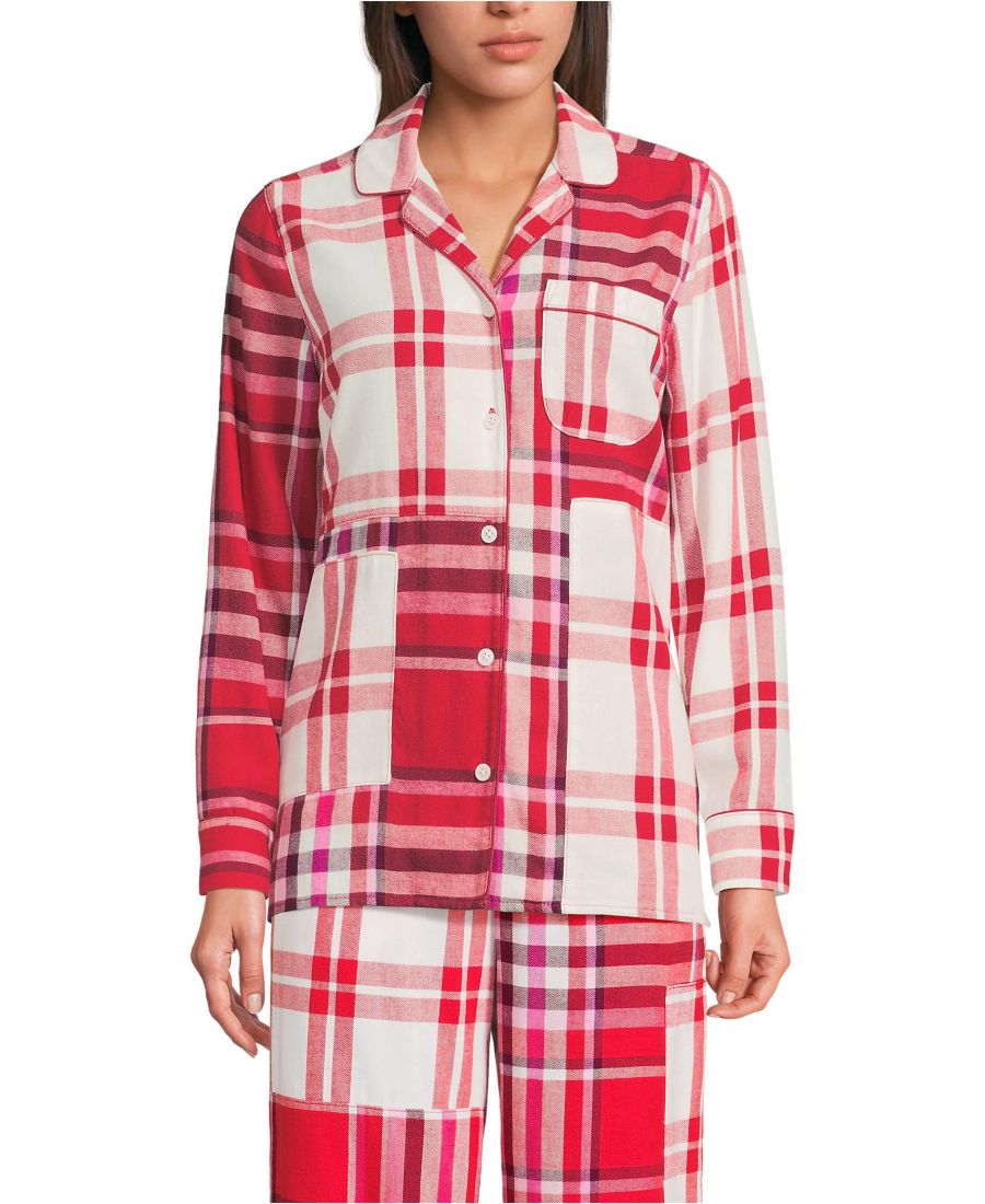 

Женская пижамная блузка с длинными рукавами из фланели в стиле пэчворк, укороченная длина Lands' End, Compass red patchwork plaid