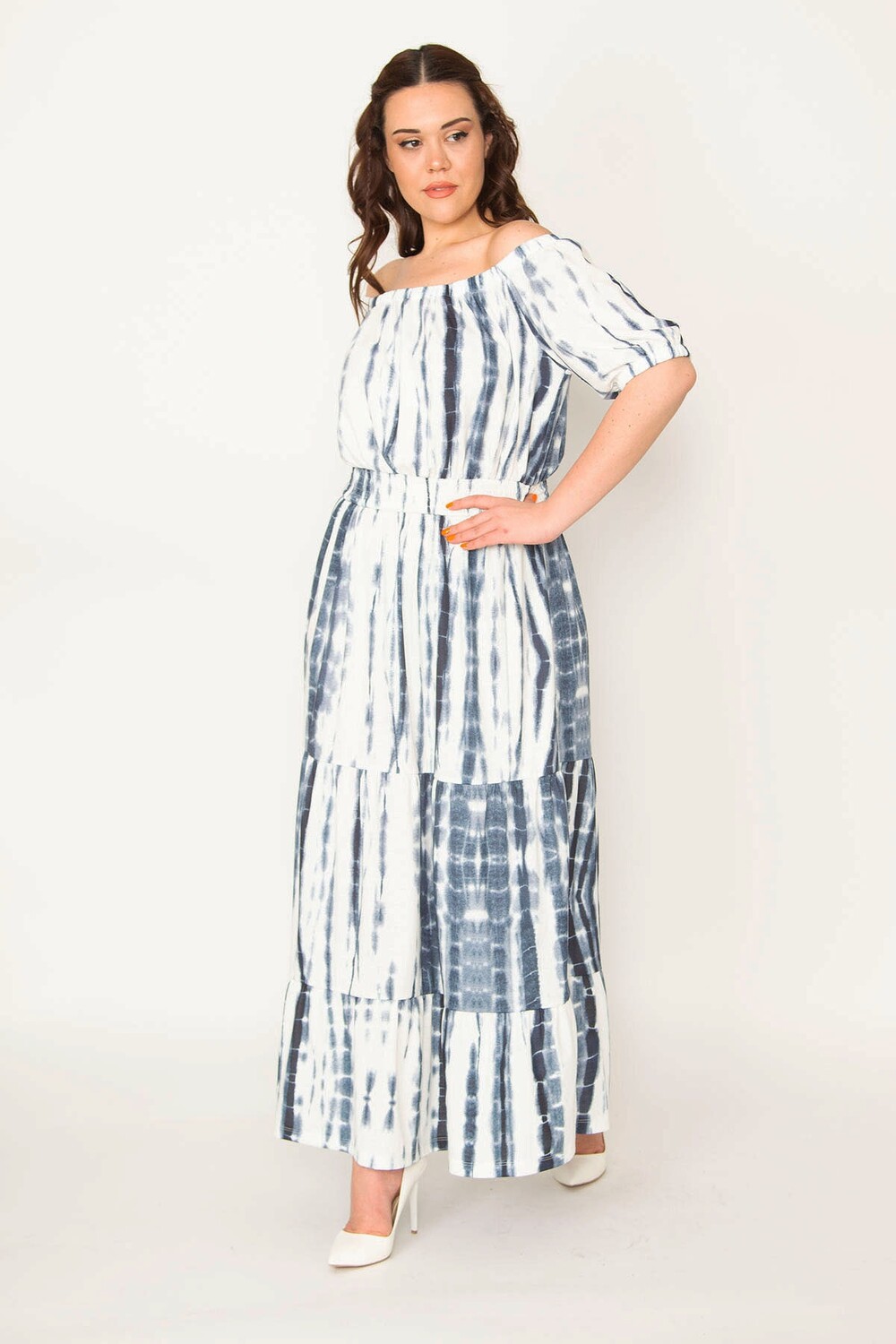 

Женское синее многослойное платье большого размера с узором батик, воротником и эластичной резинкой на талии Şans, синий