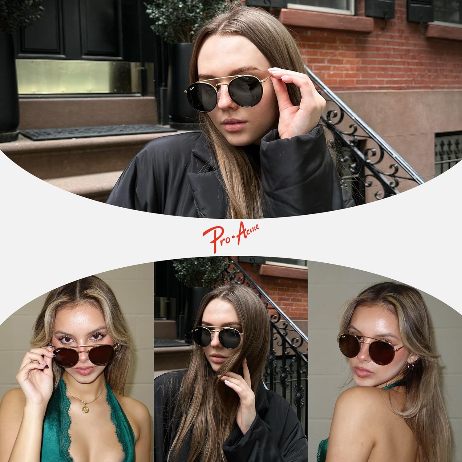 

Солнцезащитные очки Pro Acme Retro Round для женщин и мужчин, 100% настоящие стеклянные линзы, двойная перемычка, круглая форма, защита от УФ-излучения UV400, A5 - Gold/Grey