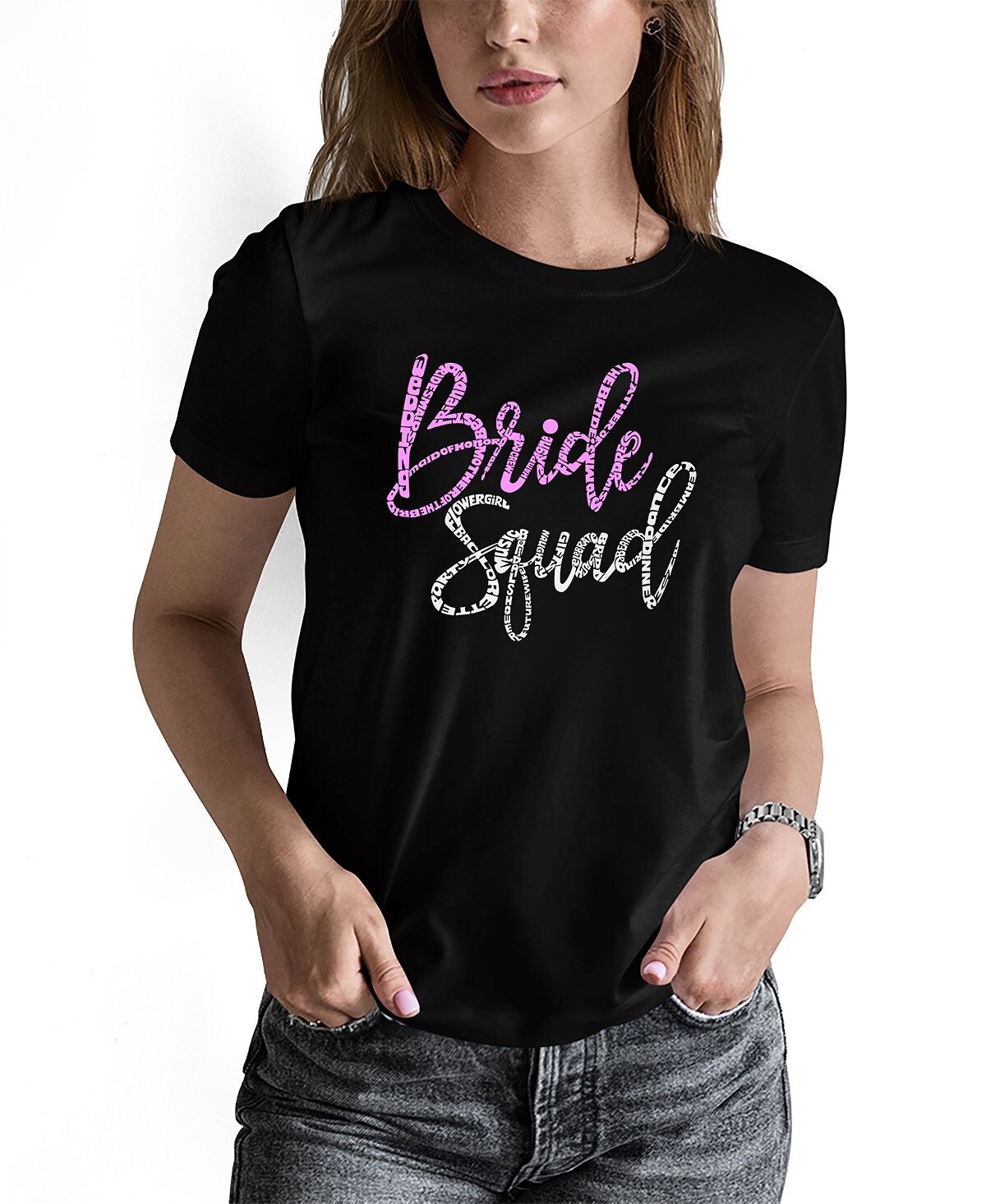 

Женская футболка с коротким рукавом Bride Squad Word Art LA Pop Art, черный
